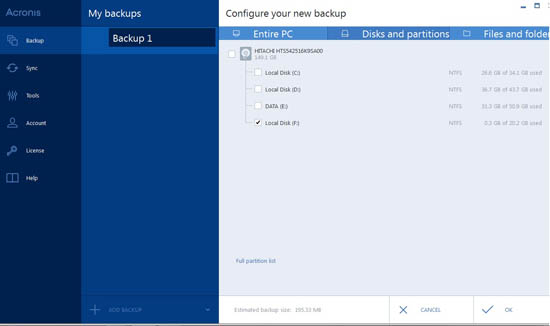 choose disk or partition to backup to cloud