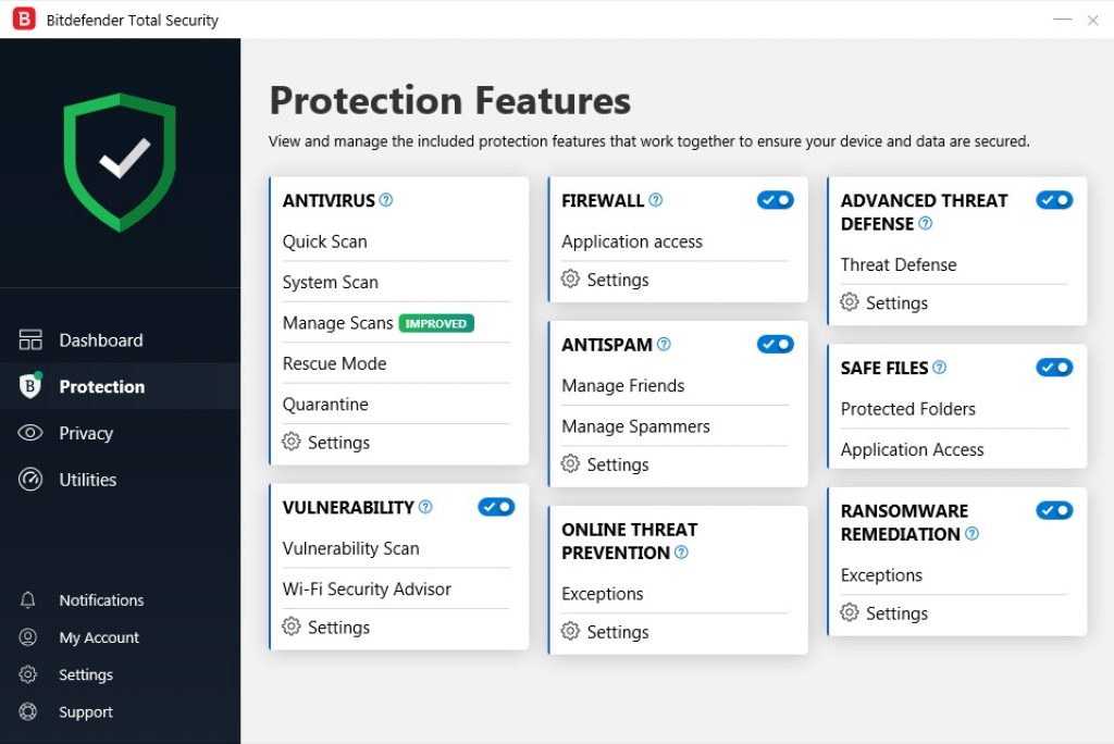 Bitdefender Total Security 2019 protection options