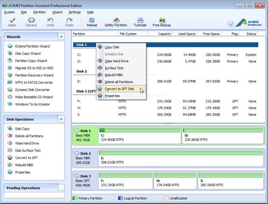 aomei partition assistant pro convert mbr to gpt disk