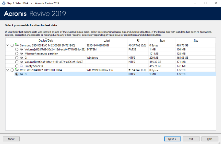 Acronis Revive 2019 interface