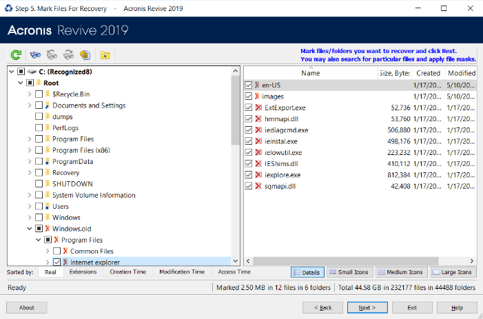 Acronis Revive 2019 mark files for recover