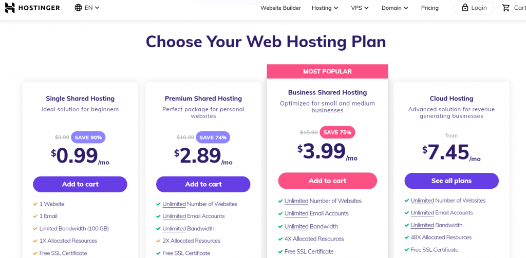 Hostinger Web Hosting Plans