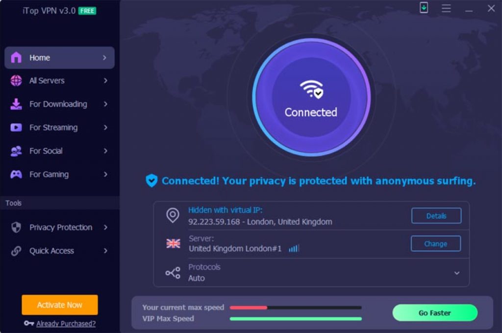 iTop VPN home screen