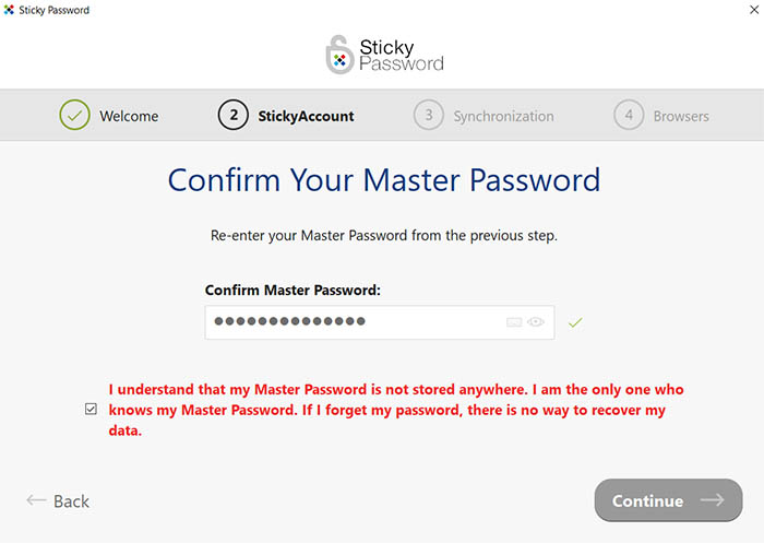Sticky Password create master password