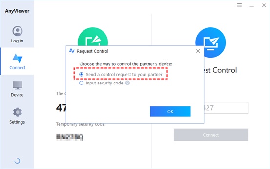anyviewer send control request to partner