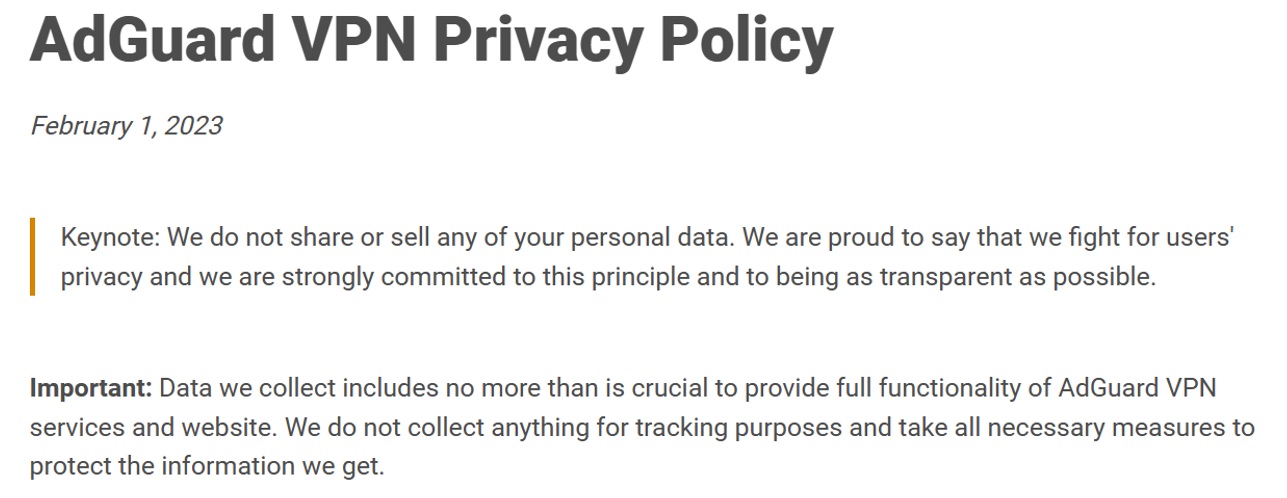 Adguard VPN privacy policy 2023 excerpt