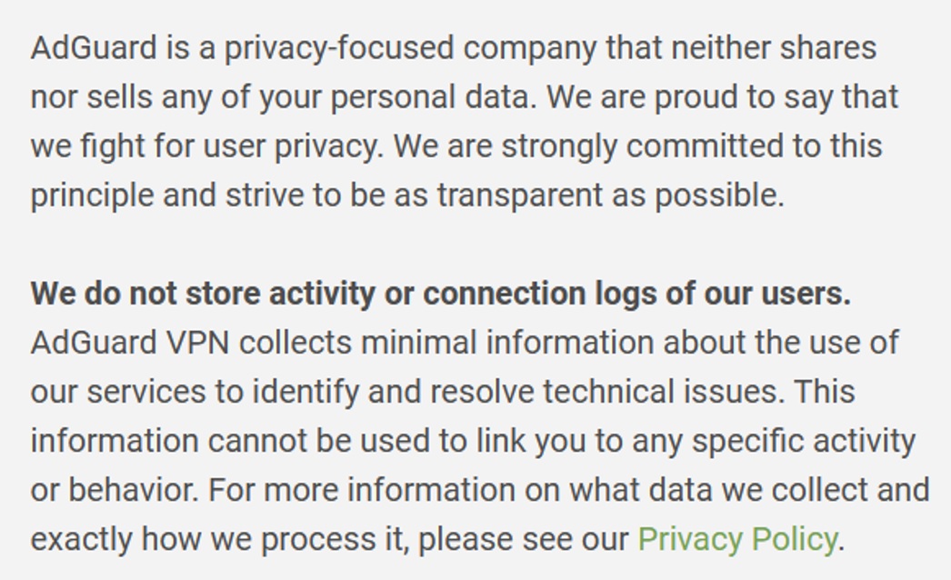 Adguard VPN no log policy excerpt