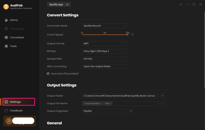 audifab spotify music converter app settings