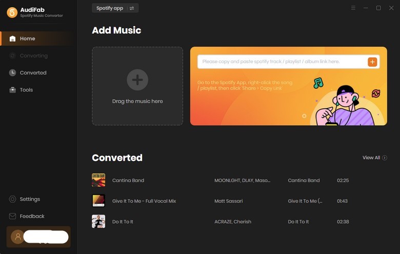 audifab spotify music converter user interface