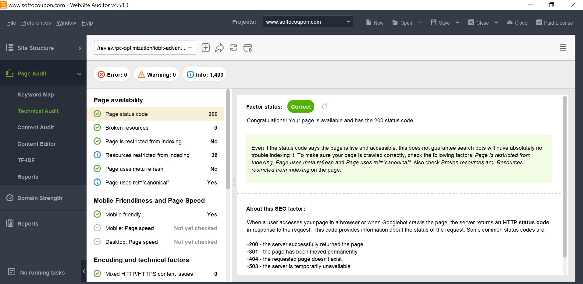 SEO Powersuite page audit technical audit example