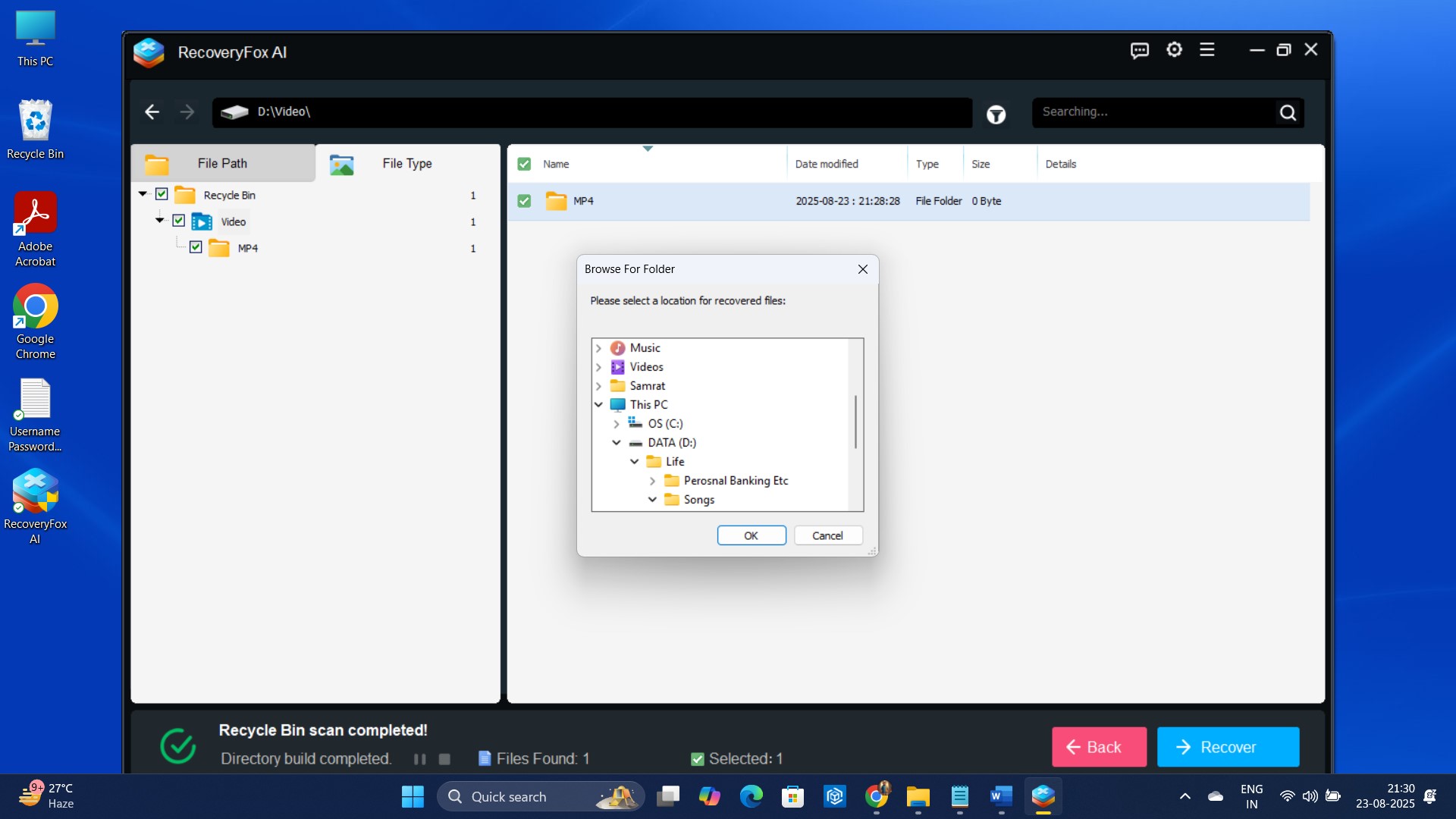 RecoveryFox AI restore from recycle bin