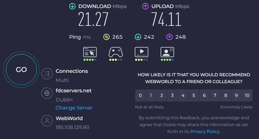OysterVPN speed test Dublin