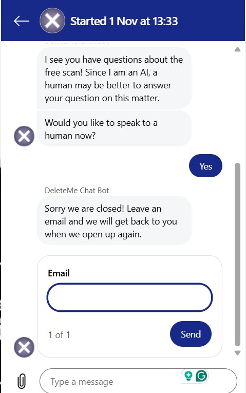 DeleteMe live chat test