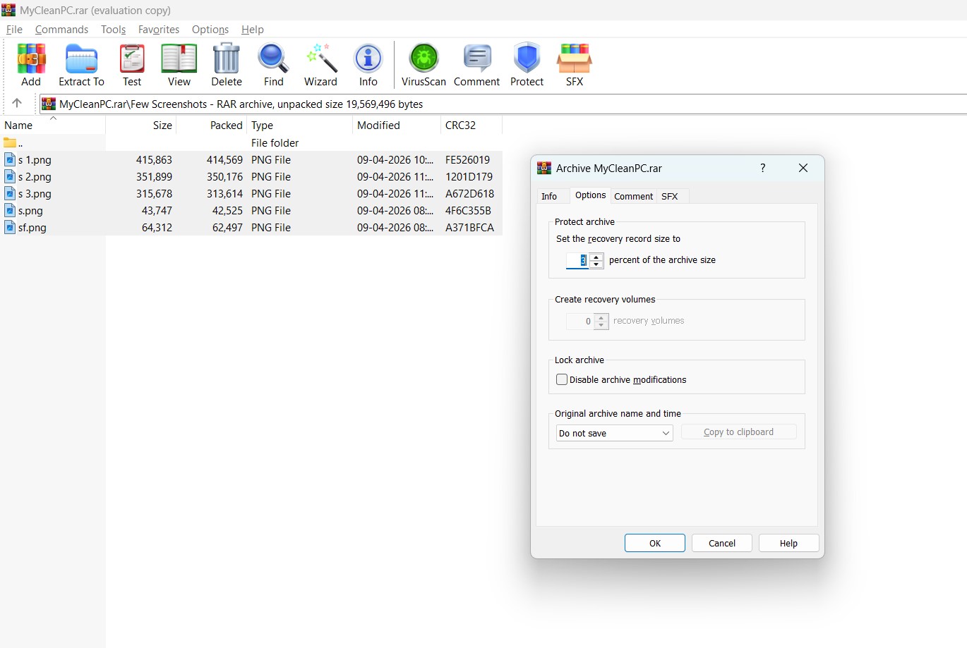WinRAR arhcive lock option test