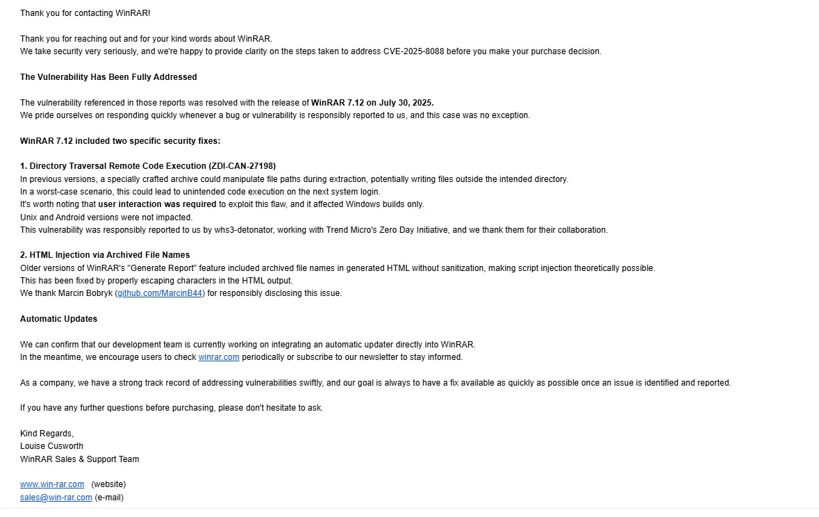 WinRAR vulnerability fix